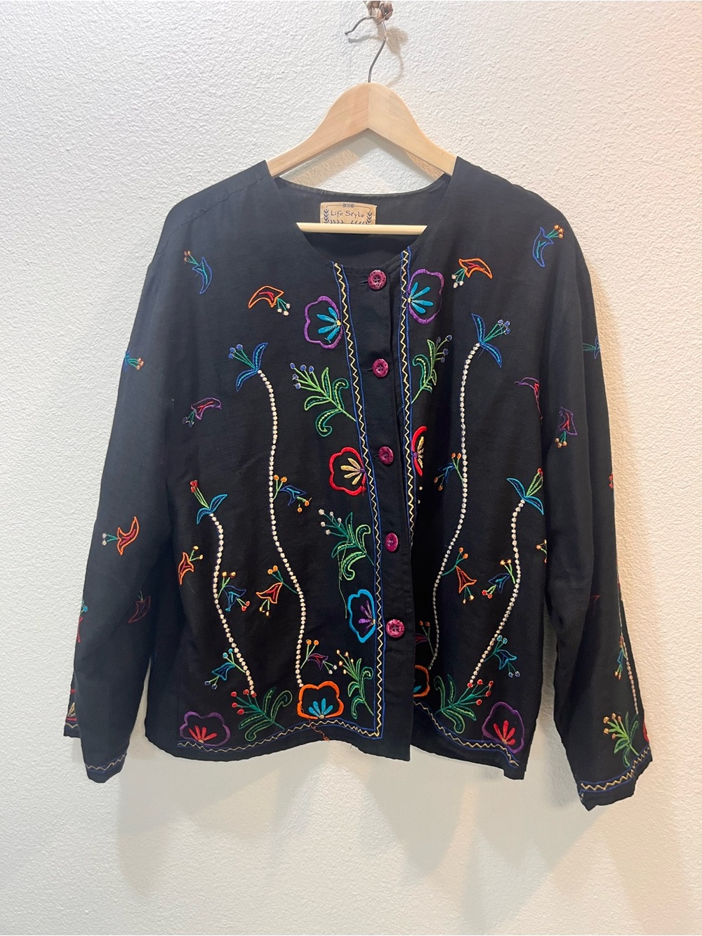 Black Embroidered Button-Front Women's Shirt